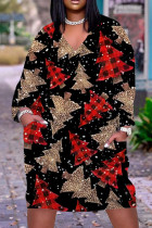 Black Red Casual Print Patchwork V Neck Long Sleeve Dresses