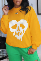 Yellow Daily Vintage Skull Patchwork O Neck Tops