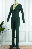 Green Casual Solid Patchwork V Neck Skinny Jumpsuits