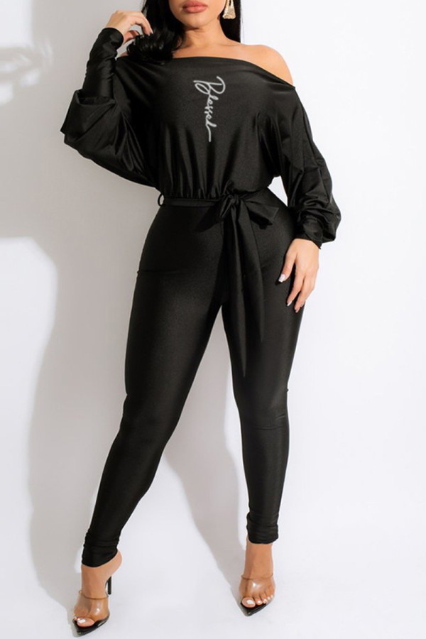Black Casual Print Patchwork Oblique Collar Skinny Jumpsuits