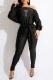 Black Casual Print Patchwork Oblique Collar Skinny Jumpsuits