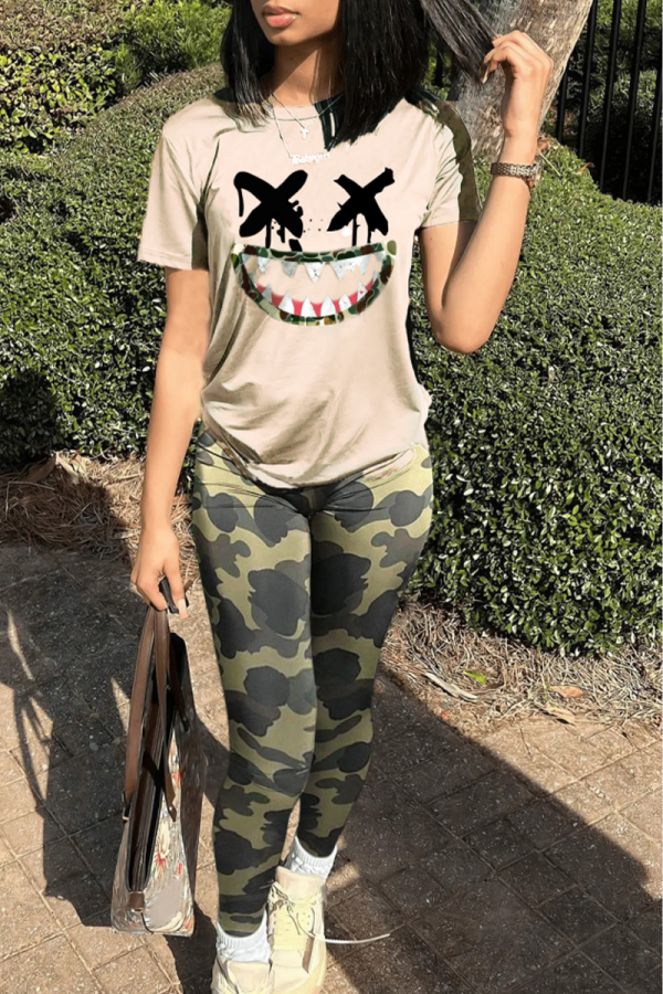 Apricot Fashion Casual Print Basic O Neck Short Sleeve Two Pieces