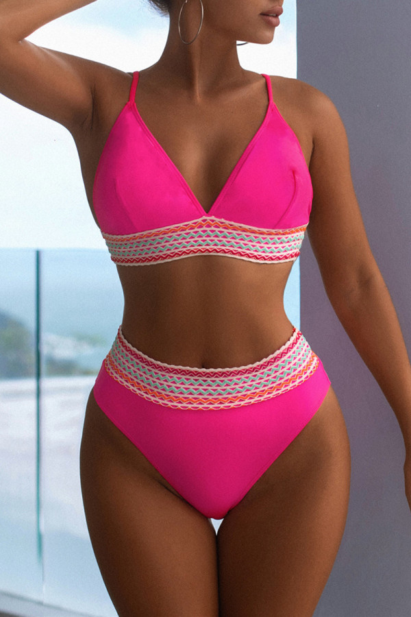 Rose Red Sexy Solid Patchwork Backless Swimwears (With Paddings)