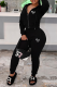 Black Street Print Patchwork Hooded Collar Long Sleeve Two Pieces