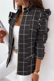 Black White Casual Print Patchwork Flounce Zipper Collar Outerwear