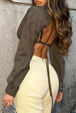 Coffee Street Solid Patchwork Turndown Collar Tops