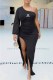 Black Sexy Print Slit Fold One Shoulder Irregular Dress Dresses