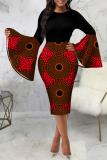 Red Street Print Patchwork O Neck Pencil Skirt Dresses