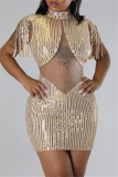 Green Sexy Patchwork Tassel Sequins Half A Turtleneck Sleeveless Dress Dresses