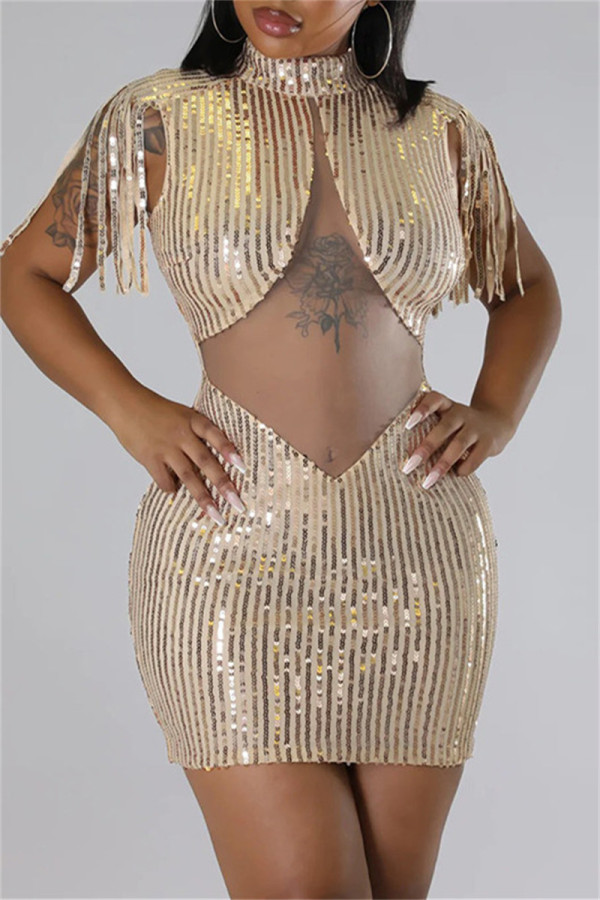 Apricot Sexy Patchwork Tassel Sequins Half A Turtleneck Sleeveless Dress Dresses