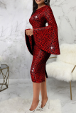 Red Street Print Patchwork O Neck Pencil Skirt Dresses