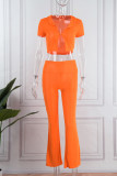 Orange Sexy Casual Solid Patchwork V Neck Short Sleeve Two Pieces
