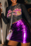Black Sexy Print Patchwork O Neck Tops