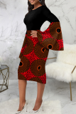 Red Street Print Patchwork O Neck Pencil Skirt Dresses