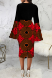 Red Street Print Patchwork O Neck Pencil Skirt Dresses