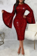Burgundy Street Print Patchwork O Neck Pencil Skirt Dresses
