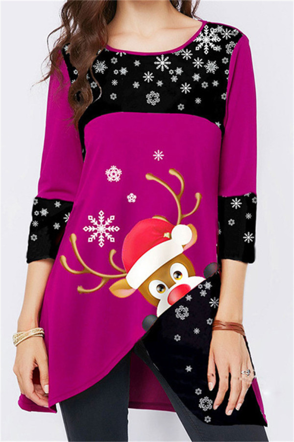 Purple Casual Print Patchwork O Neck Tops