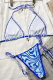 Blue Sexy Print Bandage Patchwork Backless Swimwears (With Paddings)