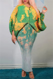 Green Casual Print Patchwork V Neck Pencil Skirt Plus Size Dresses