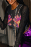 Black Sexy Print Patchwork O Neck Tops