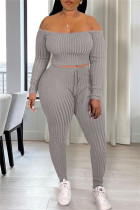 Grey Casual Solid Backless Off the Shoulder Long Sleeve Two Pieces