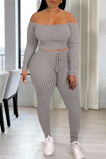 Grey Casual Solid Backless Off the Shoulder Long Sleeve Two Pieces