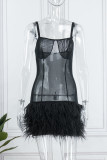 Black Sexy Solid Patchwork See-through Backless Spaghetti Strap Sleeveless Dress Dresses