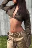 Coffee Street Solid Patchwork Turndown Collar Tops