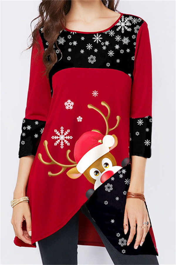 Red Casual Print Patchwork O Neck Tops