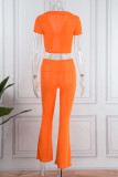 Orange Sexy Casual Solid Patchwork V Neck Short Sleeve Two Pieces
