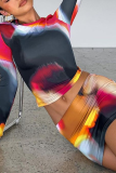 Colour Sexy Patchwork Tie-dye O Neck Long Sleeve Two Pieces