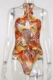 Red Sexy Print Hollowed Out Patchwork Swimwears