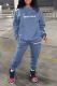 Navy Blue Casual Print Letter O Neck Long Sleeve Two Pieces