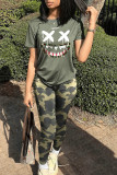 Apricot Fashion Casual Print Basic O Neck Short Sleeve Two Pieces