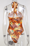 Red Sexy Print Hollowed Out Patchwork Swimwears