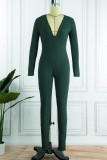 Green Casual Solid Patchwork V Neck Skinny Jumpsuits