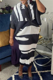 Light Blue Casual Print Patchwork V Neck Pencil Skirt Plus Size Dresses