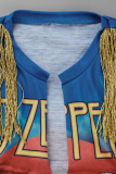 Blue Sexy Print Tassel V Neck Tops