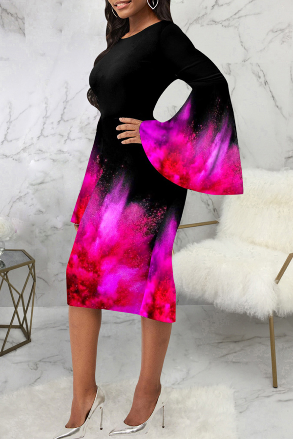 Black Pink Street Print Patchwork O Neck Pencil Skirt Dresses