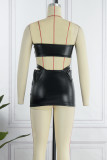Black Sexy Solid Hollowed Out Patchwork See-through Strapless Sleeveless Two Pieces