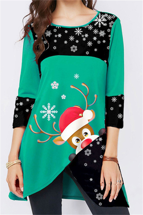 Green Casual Print Patchwork O Neck Tops