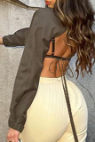 Coffee Street Solid Patchwork Turndown Collar Tops