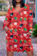Pale Red Casual Print Patchwork V Neck Long Sleeve Dresses