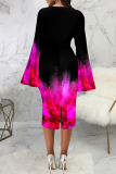 Red Street Print Patchwork O Neck Pencil Skirt Dresses