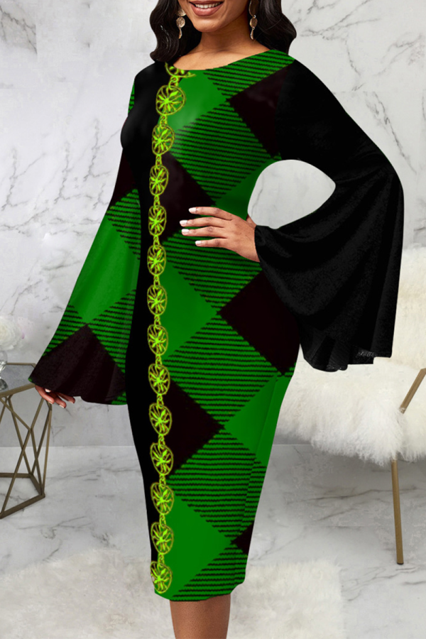 Green Street Print Patchwork O Neck Pencil Skirt Dresses