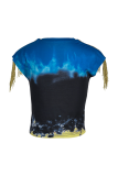 Blue Sexy Print Tassel V Neck Tops