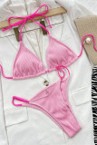 Pink Sexy Solid Bandage Patchwork Backless Swimwears (With Paddings)