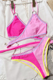 Rose Red Sexy Patchwork Bandage Backless Swimwears (With Paddings)
