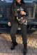 Black Casual Letter Print Patchwork Basic Hooded Collar Long Sleeve Two Pieces