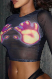 Black Sexy Print Patchwork O Neck Tops